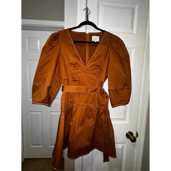 Cinq a Sept Khloe Mini Dress Ochre Brown Contrast Stitch Puff Sleeve Belted 12 - Picture 5 of 10